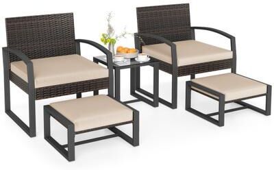 Costway 5-Piece Patio Conversation Set with 2 Ottomans and Tempered Glass Side Table-Beige