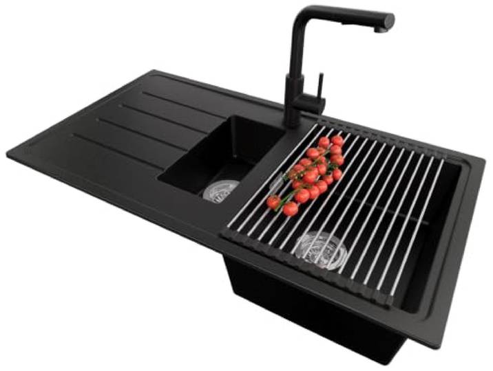 PRIMAGRAN Granitspüle ab 60er Unterschrank + Küchenarmatur, 90x50cm Set: Küchenarmatur BW3010 + Ablauf-Set + Abtropfmatte + Spülbecken 1,5 Becken - Kopenhagen Duo, Schwarz
