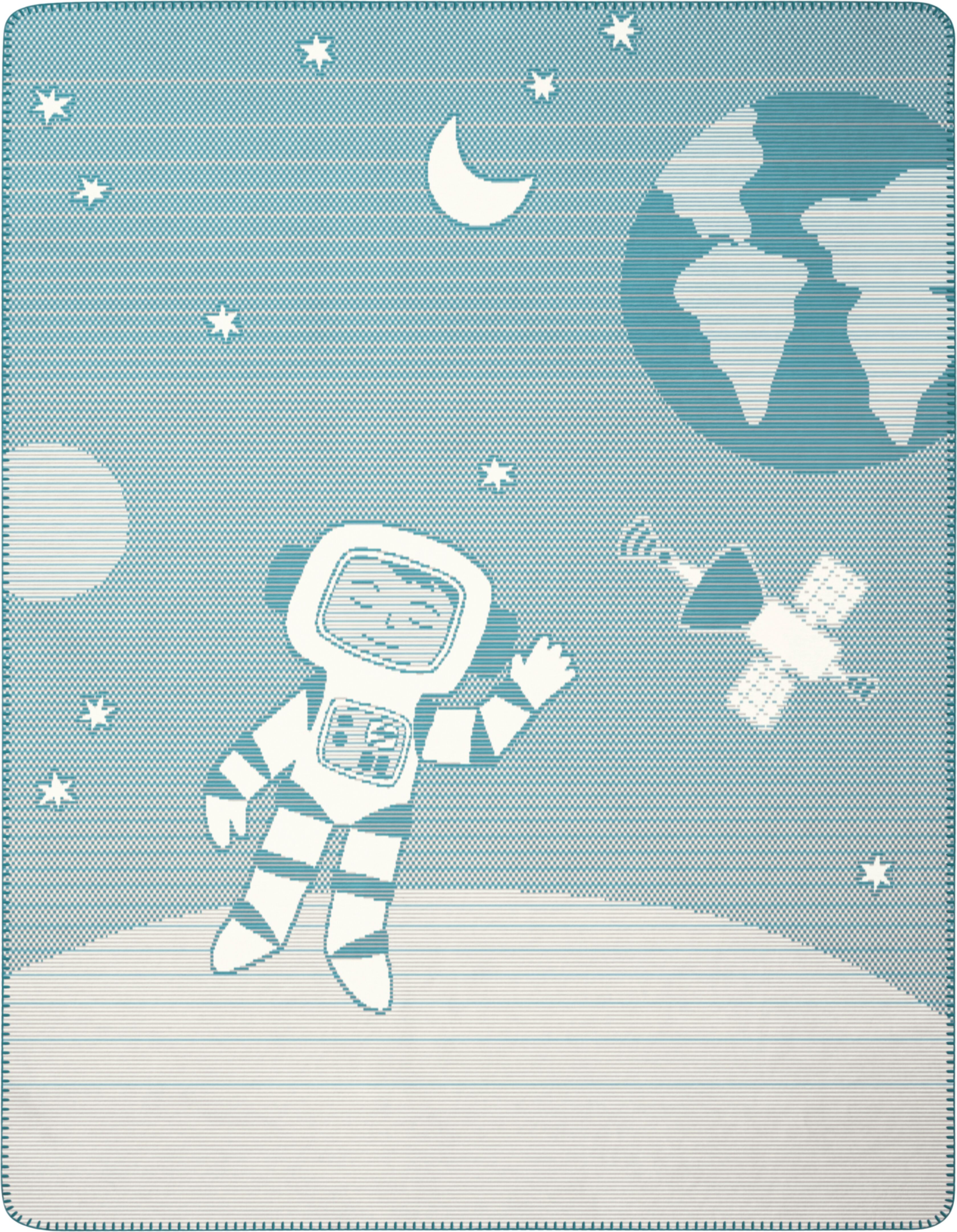 Babydecke BIEDERLACK "Babydecke Spacekid", blau (blau, natur), B:75cm L:100cm, Baumwolle, Polyacryl, Polyester, Wohndecken, Babydecke, 75 x 100, mit Zierstich blau, natur B/L: 75cm x 100cm