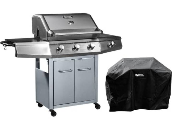 Gasgrill Bingo 4 - 4 Brenner davon 1 Seitenbrenner - 14 kW + Schutzhülle - Silberfarben
