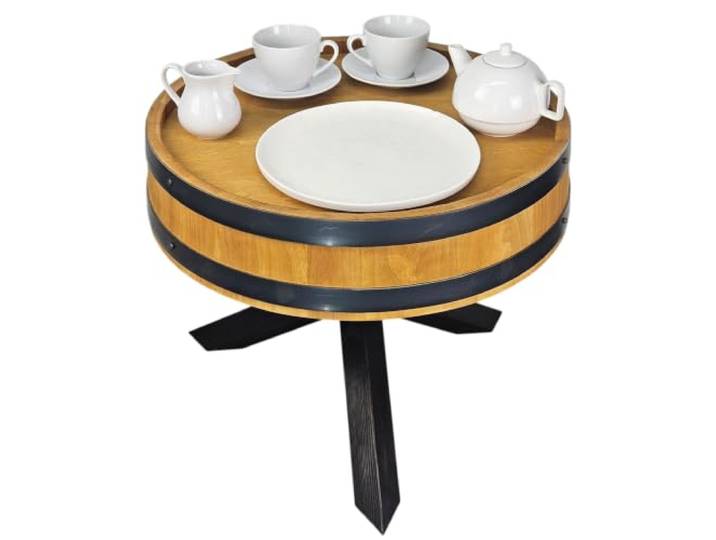kadamahu Runder Couchtisch aus Holz in Fassform, Hellbraun Drei Beine aus Kiefernholz, erhöhter Rand und zwei Metallreifen; Nutzfläche 48,5 cm, komplett montiert geliefert, 6,5 kg