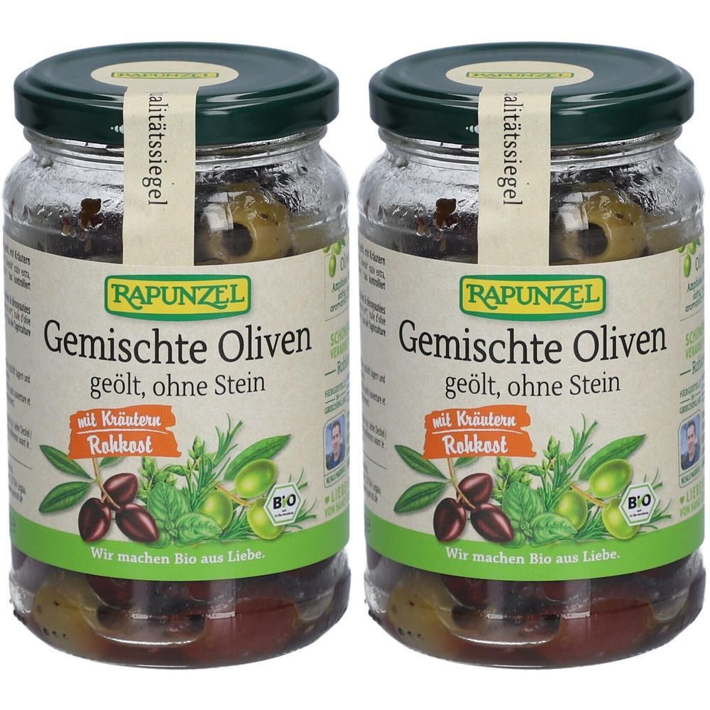 Rapunzel Oliven gemischt mit Kräutern, ohne Stein geölt 2x 2x170 g