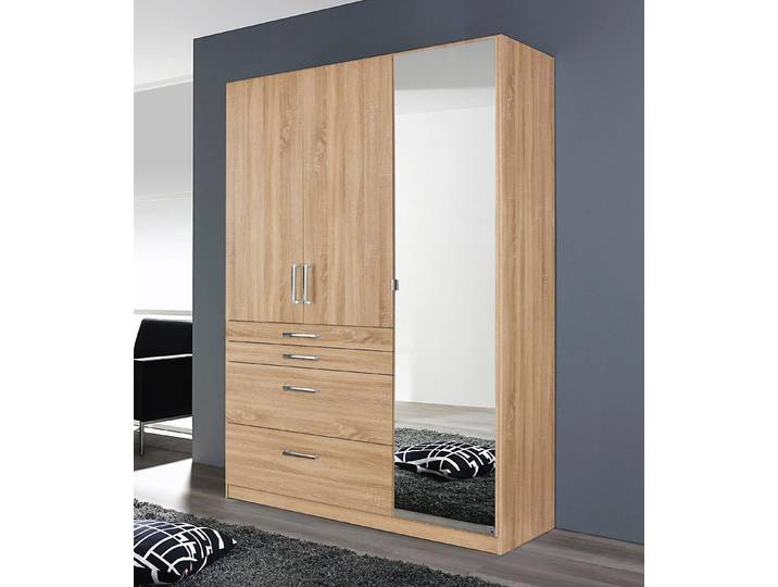 Kleiderschrank, Braun, 136x197x54 cm, Holzwerkstoff, 3 Türen & Spiegel, Modern, Rauch
