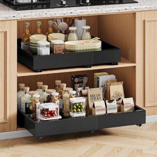 Set van 2 uitschuifbare lade-organizers voor de keuken, zwart, verstelbaar