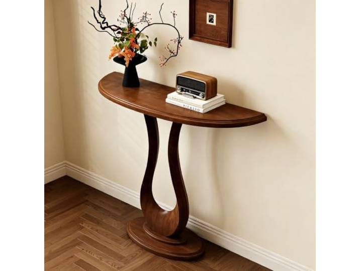 LJWFZBD Massivholz Konsolentisch, Halbmond Flurtisch für Eingangsbereich Massivholz-Konstruktion, Halbmond-Design, platzsparend, stabil, für Flur und Eingang(Brown,55.lin (140cm))