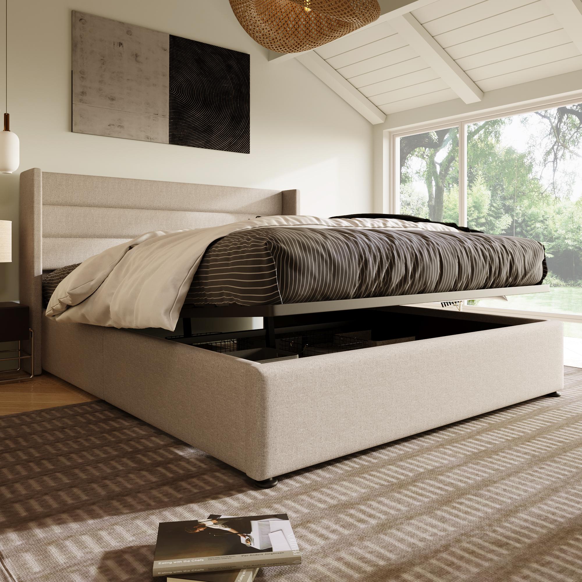 Stauraumbett Polsterbett Hydraulisch Doppelbett 180x200cm, Lattenrost aus Holz, Bett mit Lattenrost aus Metallrahmen, Leinen, Beige