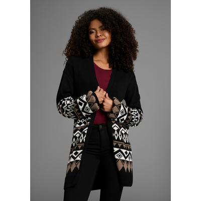 Longstrickjacke KANGAROOS, Damen, Gr. 52/54, schwarz, Strick, Obermaterial: 60% Baumwolle, 40% Polyacryl, gemustert, figurumspielend lang, tiefer V-Ausschnitt, Rippbündchen, Strickjacken Longstrickjacke, lang geschnitten, ohne Verschluss,...