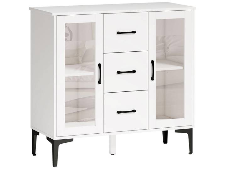 Homcom Kommode MDF Glas Weiß, Metall, 3 Schubladen, 38x86x90 cm, Kleinmöbel, Kommoden, Sideboards