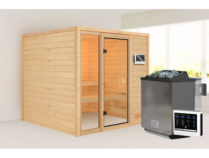 Sauna KARIBU Jackie mit bronzierter Tür, naturbelassen , beige (naturbelassen), Bio-Kombiofen, externe Steuerung, 400 kW, Saunen, Sauna, aus hochwertiger nordischer Fichte