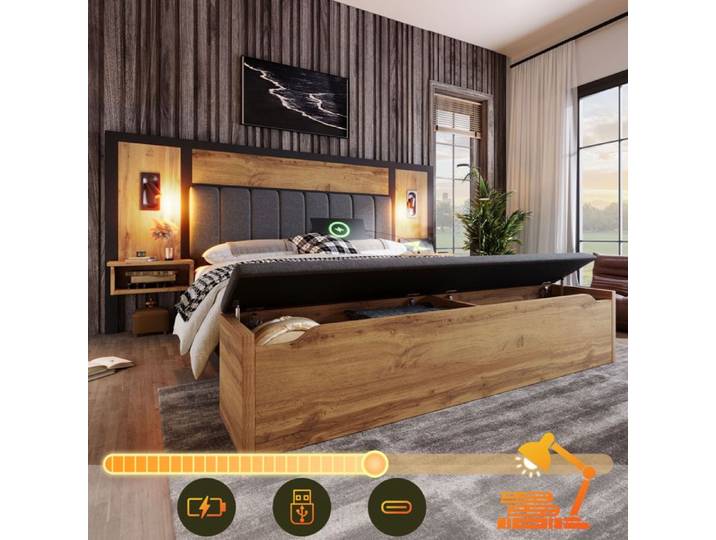 Design solide et protégé lit double avec espaces de rangement en bois couleur chêne