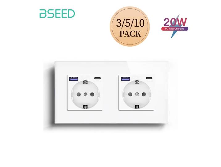 Prise murale BSEED conforme aux normes européennes 20W PD à charge rapide, interface Type-C, prises USB, double prise de courant, montage mural, blanc