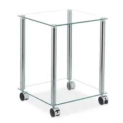 Relaxdays Beistelltisch mit Rollen, 2 Ablagen, eckig, Wohnzimmer, Glas & Stahl, mobiler Couchtisch, transparent/silber