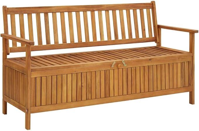 Gartenbank mit Stauraum 148 cm aus massivem Akazienholz mit Rückenlehne und Armlehne, wetterfeste Holzbank für Terrasse, Balkon, Vorgarten, Outdoor Sitzgelegenheit mit Stauraumfach