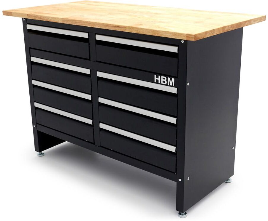 HBM établi 120 cm avec 8 tiroirs, plan de travail en bois massif, noir