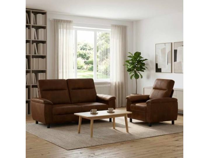 Sofa-Set 2 Stueck Braun Kunstwildleder Metallrahmen,Kissenruecken mit Fasernfuellung,Sperrholz-Armlehnen,abnehmbare Bezuege,Reissverschluss