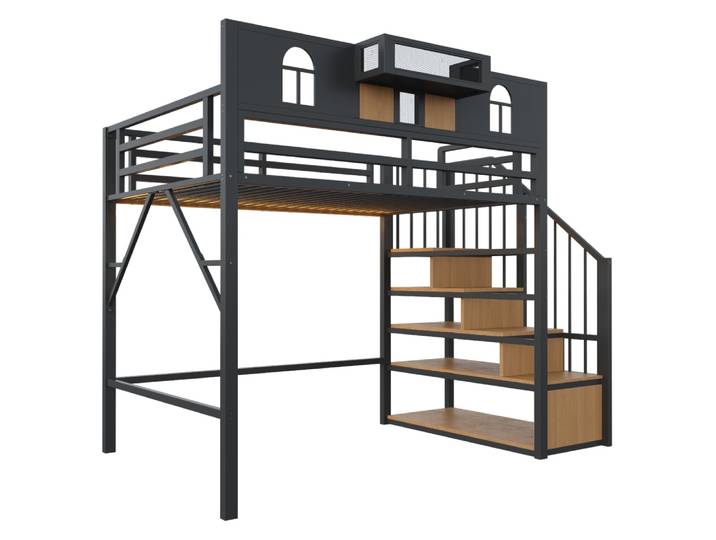 Lit mezzanine en fer noir 90 x 200 cm