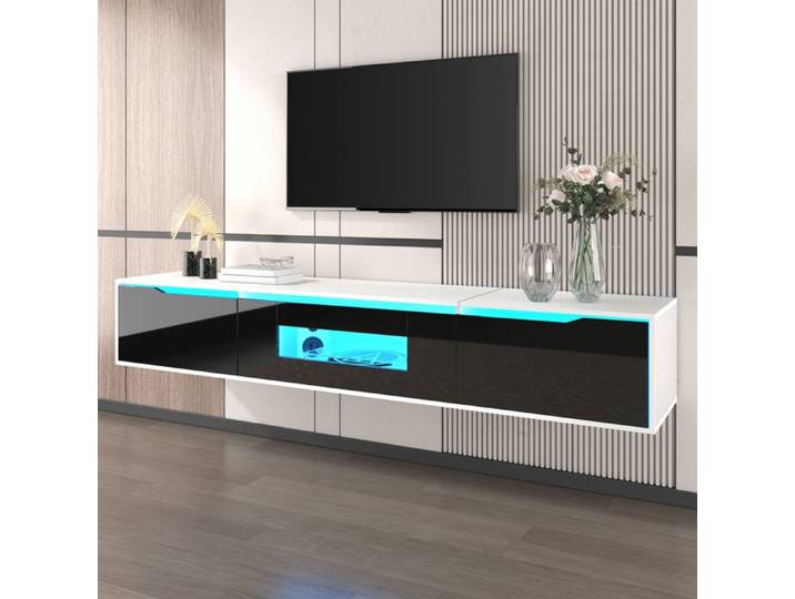 Meuble TV LED Suspendu ou à Poser 180x35x30 cm Meuble Bas Salon - Portes Rainurées Éclairage 16 Couleurs - Noir et Blanc Brillant