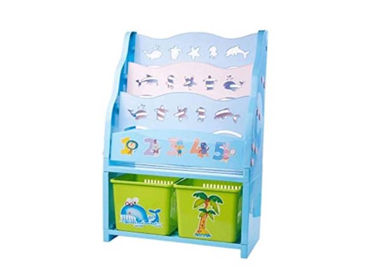 AZHKJKZH Büro-Aufbewahrungsregal Bücherregal Einfaches Zuhause Spielzeug Lagerregal Bücherregale Kunststoff Cartoon Bild Schlafzimmer Wohnzimmer(Blue 4Tiers,with 2 Baskets)