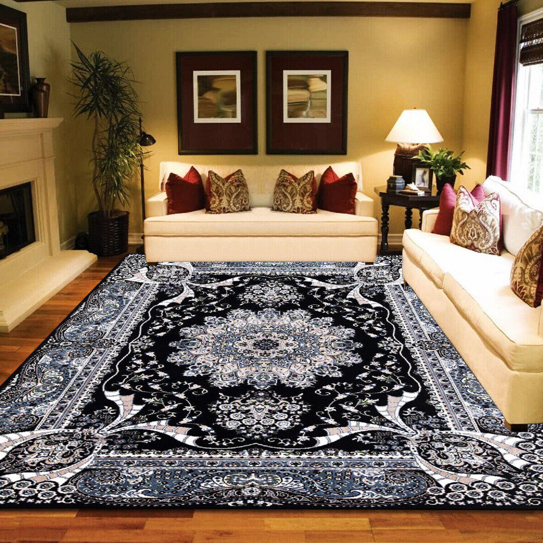 Astoria Grand Caelan Floral Area Rug Black Runner 60 x 220cm