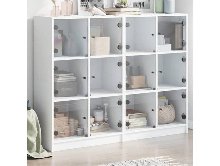 {Blanc}Bibliothèque avec portes - Moderne-design - bois d'ingénierie - blanc - porte vitrée - portes vitrées - avec poignées - 136x3