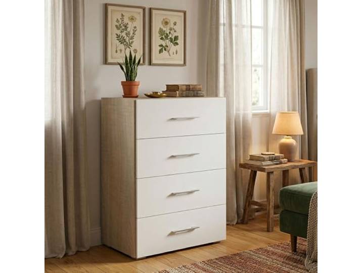 Dmora - Kommode Primula, Kommode mit 4 Schubladen für das Schlafzimmer, Mehrzweck-Büro- oder Arbeitszimmerschrank, 60 x 41 x 87 cm, Eiche und Weiß