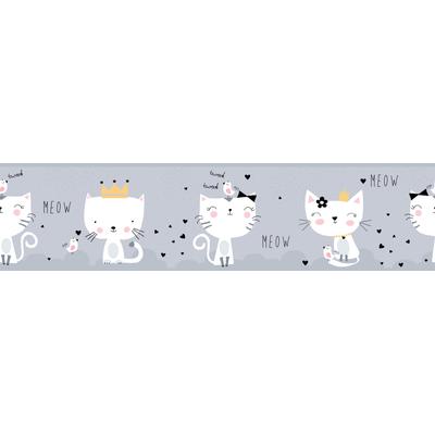 Bordüre A.S. CRÉATION "Meow Cats", grau (grau weiß schwarz), B:0,16m L:5m, Papier, Tapeten, Tapete Kinder Bordüre Katzen Borte Wohnzimmer Flur Design Kinderzimmer