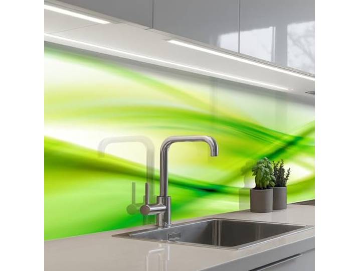 KitchenYeah© Rückwand Küche Rückwandschutz Selbstklebend Spritzschutz 60x300 cm - Küchenrückwand Küchenfront Küchen Selbstklebende Küchenrückwände Wellen - Grün - Abstrakt