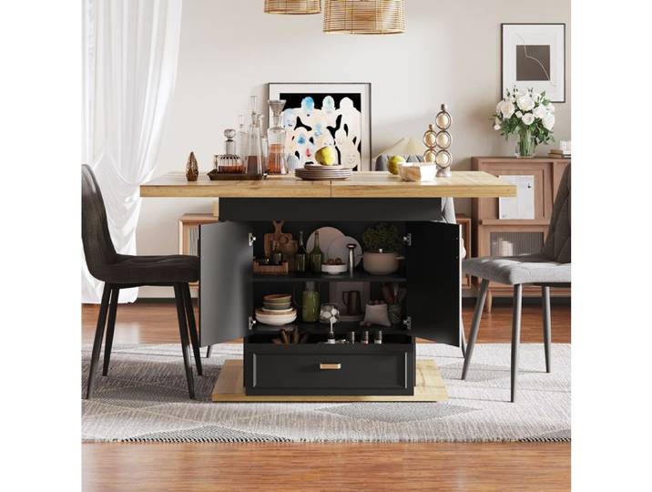 Table a manger extensible - 110-140 cm - 6 personnes - rangement integre - MDF et metal - bois naturel