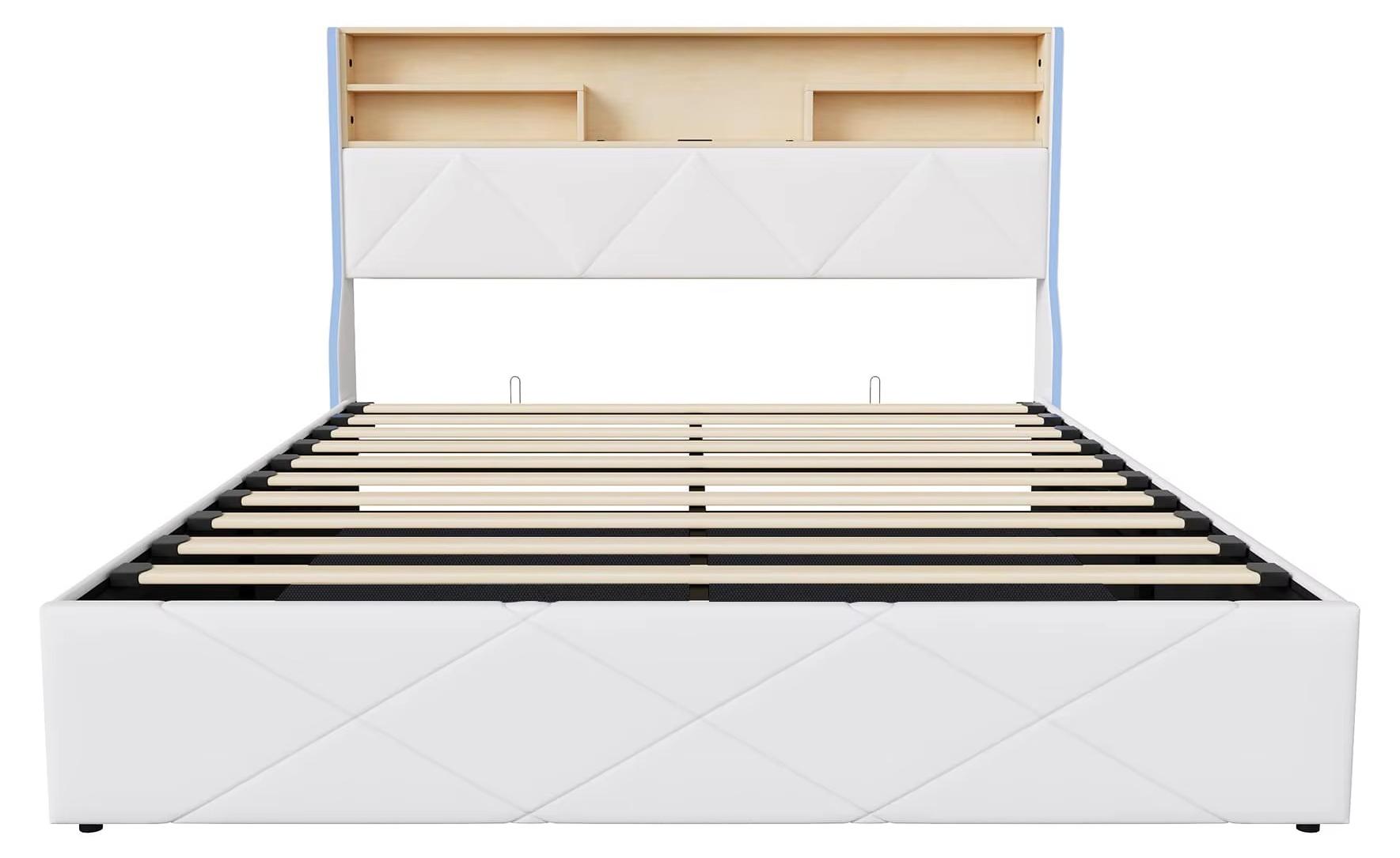 Stauraumbett - Doppelbett 140 x 200 cm - LED-Beleuchtung - Kopfteil Mit Staufächern - Gepolsterter PolyurethanBettrahmen - Weiß - Ohne Matratze
