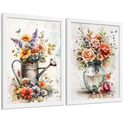 POSTER 2er Set Blumen-Wandbilder Rosen in Vase Botanisches Aquarell Bunt Küche Wohnzimmer Wanddeko Rahmenlos A4