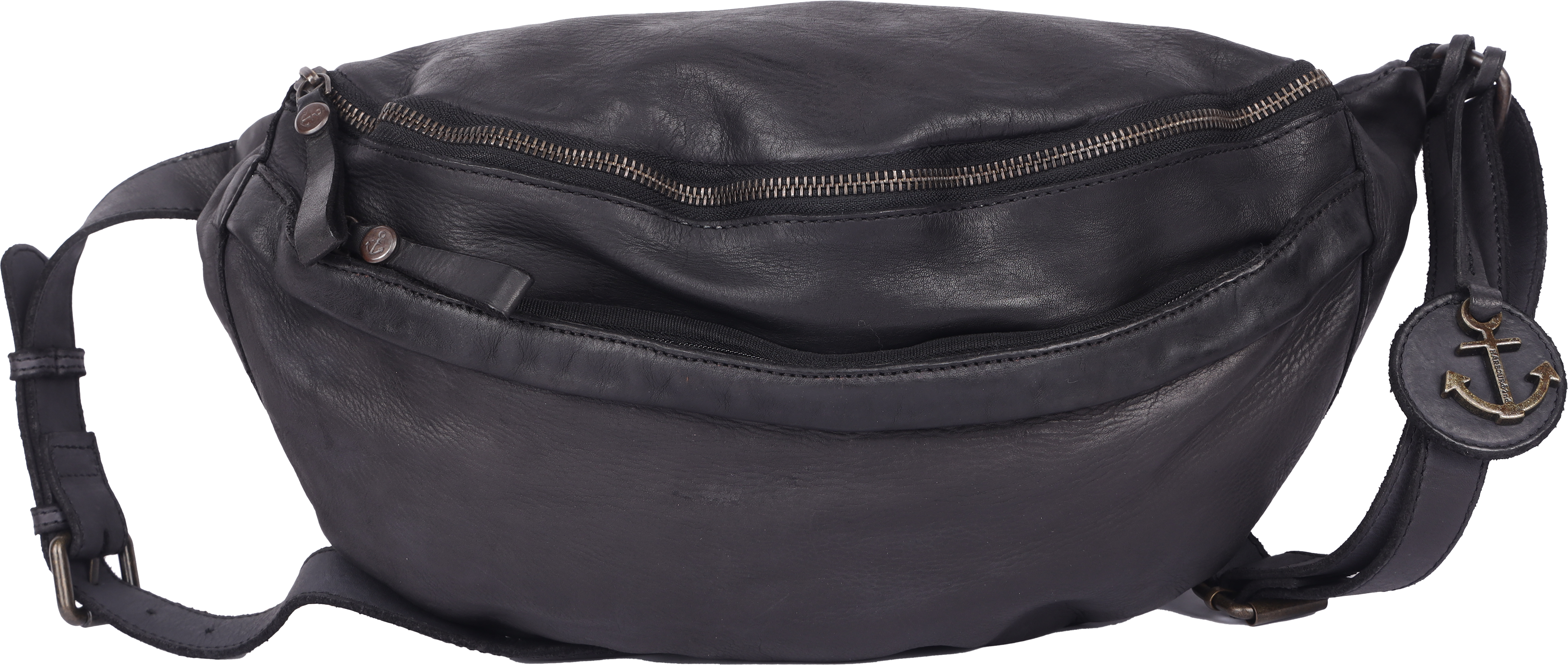 Gürteltasche HARBOUR 2ND "Kendall", Damen, Gr. B/H/T: 40cm x 18cm x 11cm, schwarz, Rindsleder, Taschen Gürteltasche, Bauchtasche, Body Bag mit dekorativem Anhänger schwarz B/H/T: 40cm x 18cm x 11cm