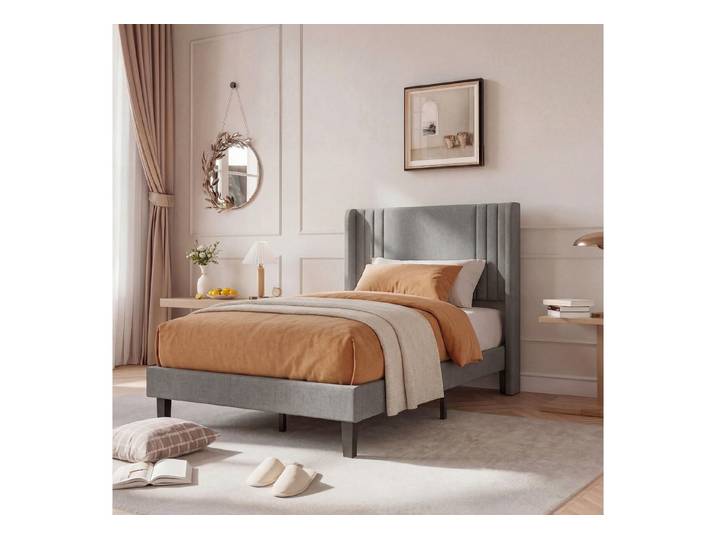 Simurq Einzelbett 90x200 Polsterbett, Jugendbett, Minimalistisches Bett, Gästebett, Mit Lattenrost, Stabiles Bett, Skandinavisches, Leinen
