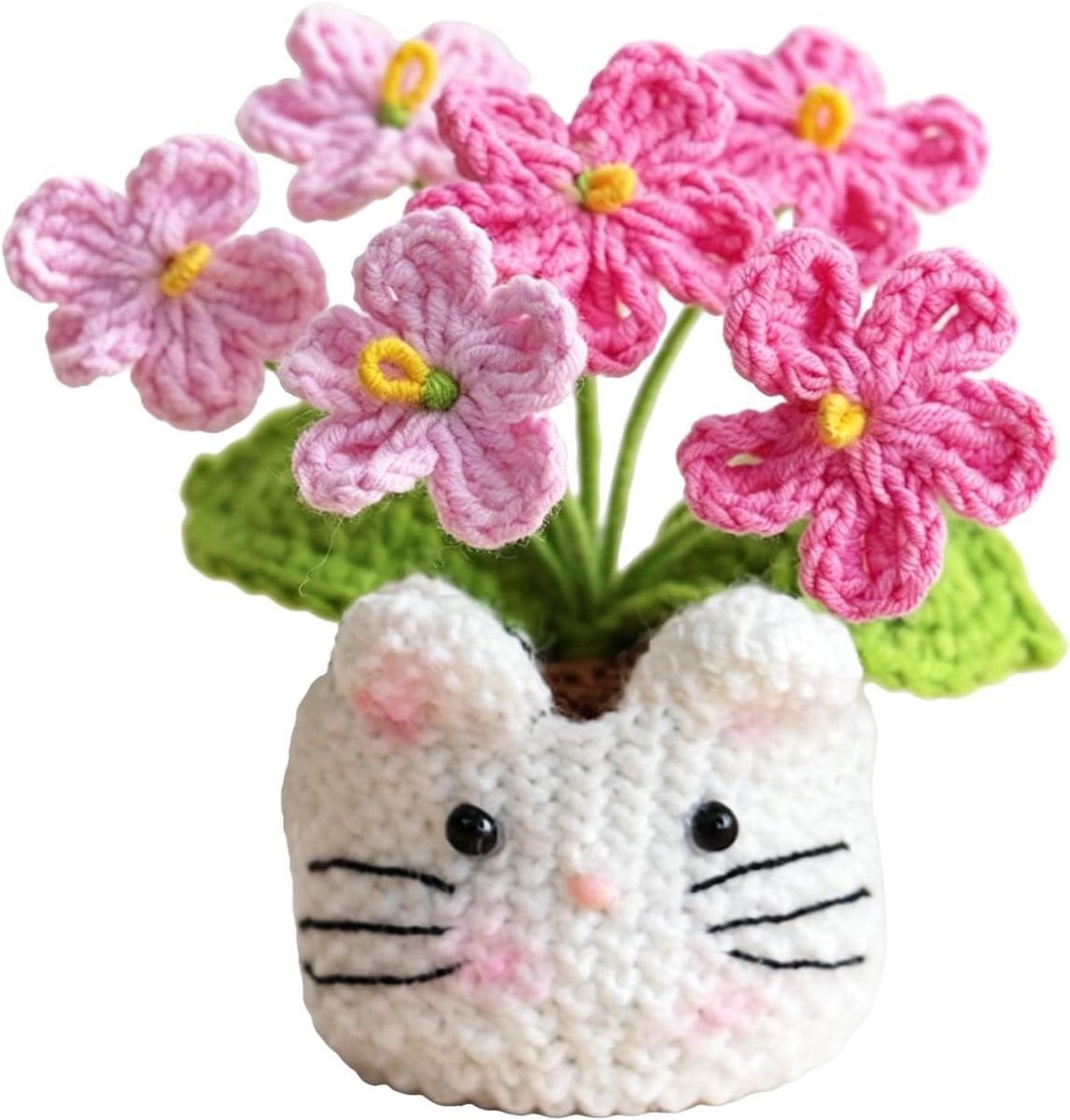 Handgemaakt gehaakt boeket vergeet-mij-nietjes met kat - Roze