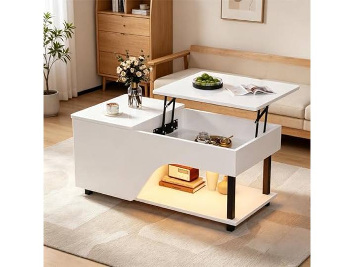 YAIXBNG 50 x 100 x 46 cm höhenverstellbarer Wohnzimmer-Couchtisch,Beistelltisch mit verstecktem Stauraum,Durchbrochener kaffetisch,Hochglänzender LED-Sofatisch,Teetisch mit seitlicher Ablage,Weiß