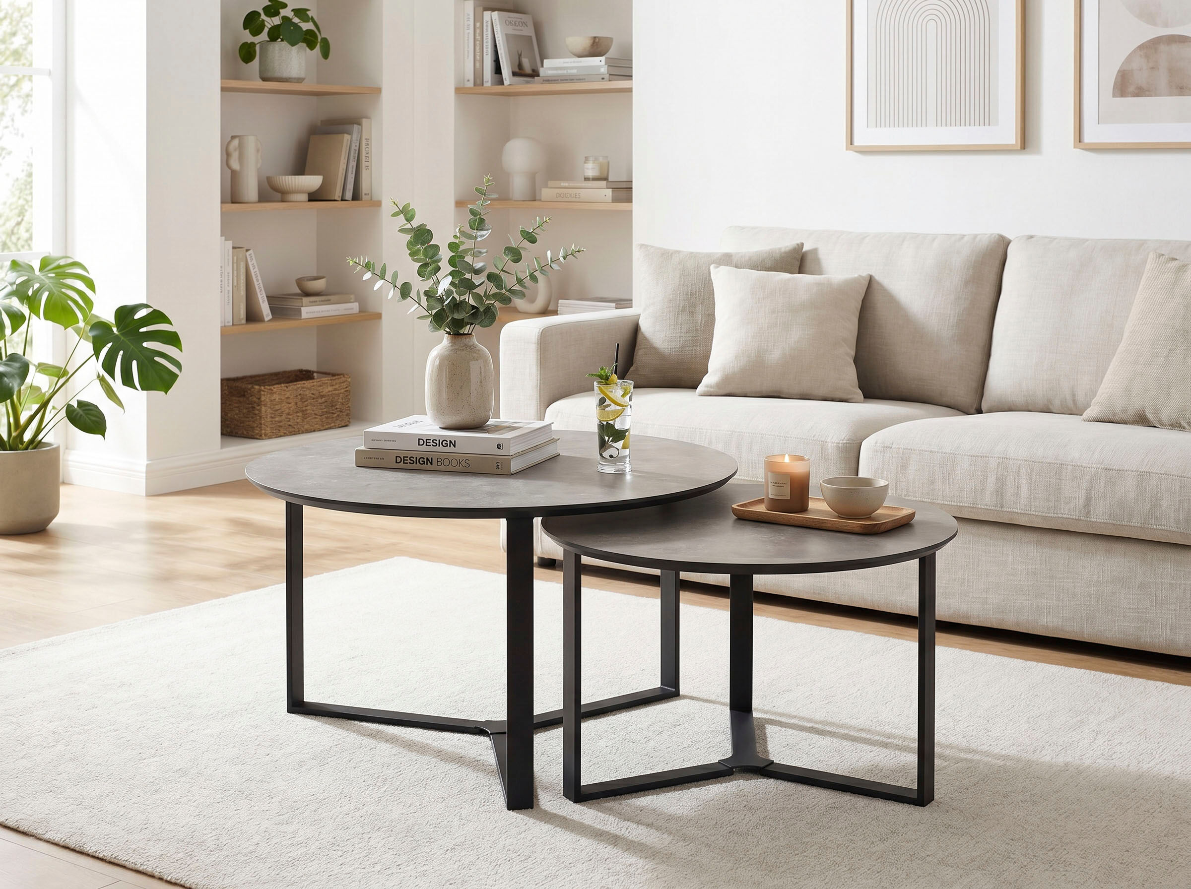 Couchtisch HELA "MASSA", grau (betonoptik dunkel, schwarz, schwarz, betonoptik dunkel), Betonoptik dunkel/Schwarz, Tische, Couchtisch, 2er Set, Gestell rechteckig, Melamin mit Schweizer Kante betonoptik dunkel, schwarz, schwarz, betonoptik dunkel Betonopt