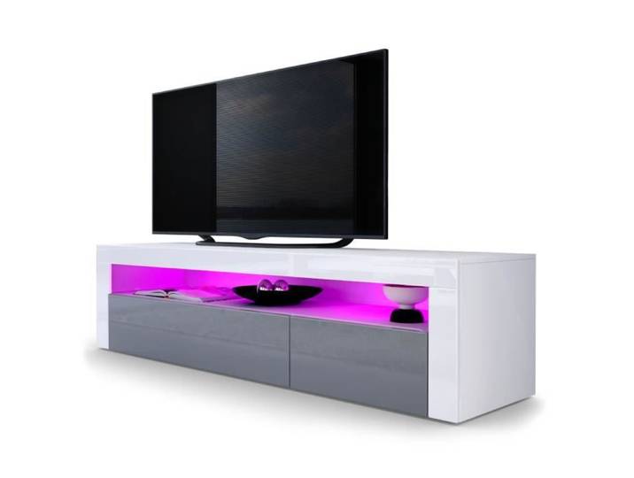 Vladon Meuble TV bas Valencia en Blanc mat - Gris haute brillance - Blanc haute brillance