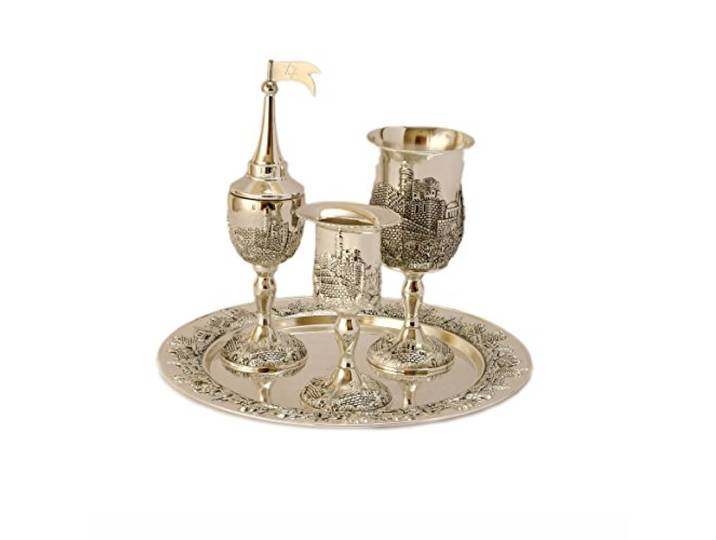 COHEN TSEMACH Havdalah Set Jerusalem Shabbat Kiddush Judaica Israel - Silber mit Jerusalem Design, Kiddusch Becher für Wein, Kerzenhalter, Gewürzdose, rundes dekoratives Tablett