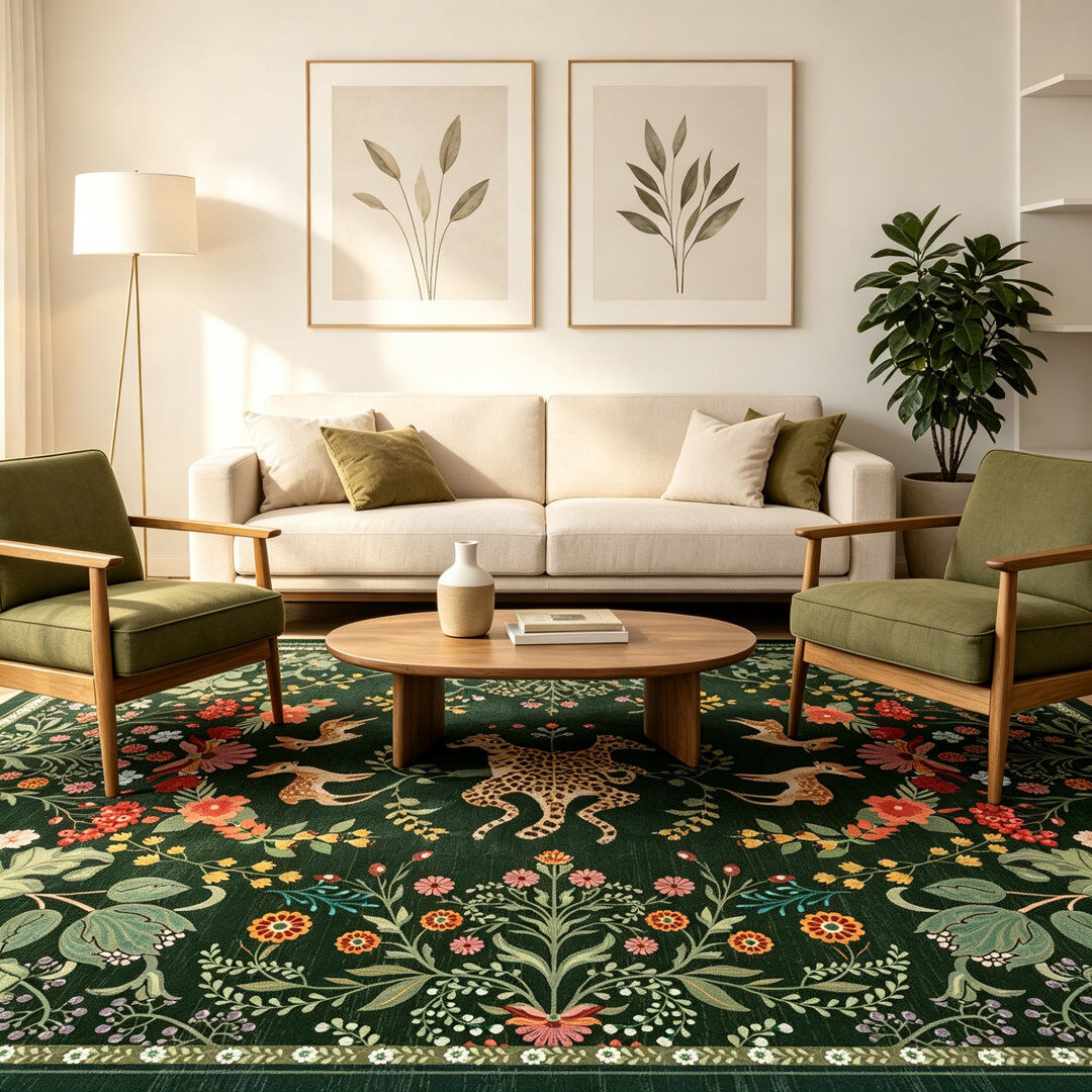 Brambly Cottage Rectangle 160 cm x 230 cm Animal Print Area Rug Deer   Dark Green 160cm W X 230cm L