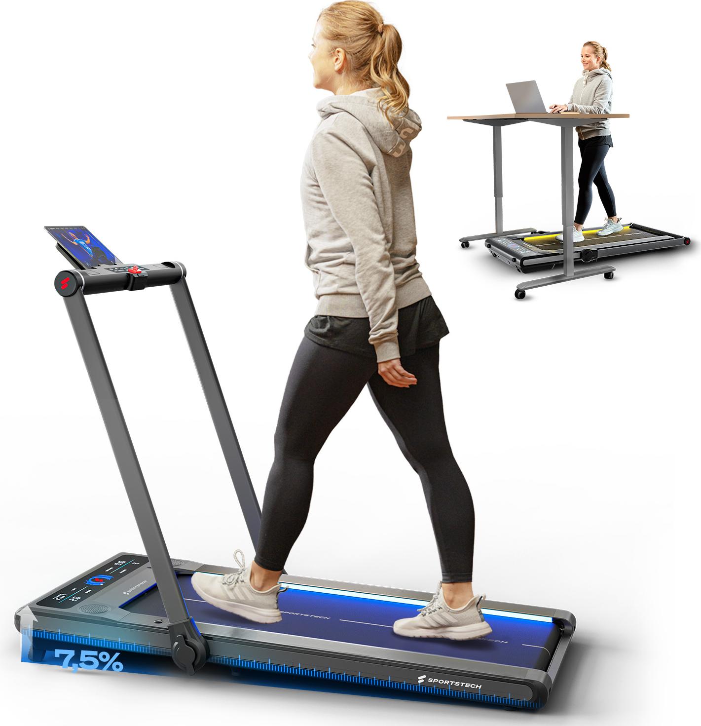 Sportstech Laufband sWalk_Plus 2-in-1 | Klappbar mit LED | 12 km/h | App-Kompatibel