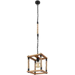 Hängeleuchte Holz Esszimmerleuchte Hanfseil Pendelleuchte Wohnzimmerlampe Holzrahmen, Metall schwarz naturfarben, 1x E27, LxBxH 25x25x120 cm