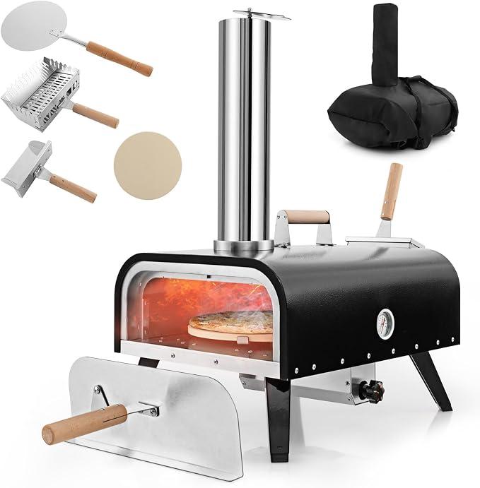Outdoor Pizzaofen, tragbarer Pizza Ofen aus Edelstahl mit Pizzastein, Pizzaschaufel, Thermometer, klappbaren Beinen & Tragetasche, für Picknick, Party, Camping