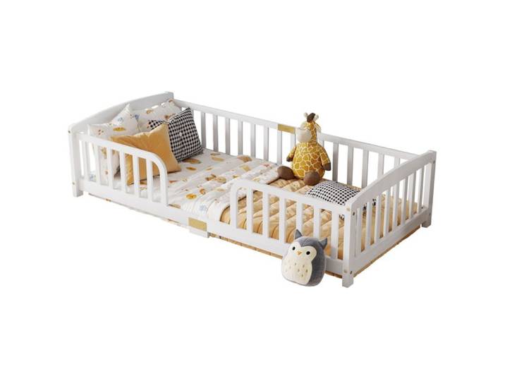 SENVIRO lit au sol enfant 90 x 200 cm avec barrières de sécurité ouverture centrale en bois de pin blanc