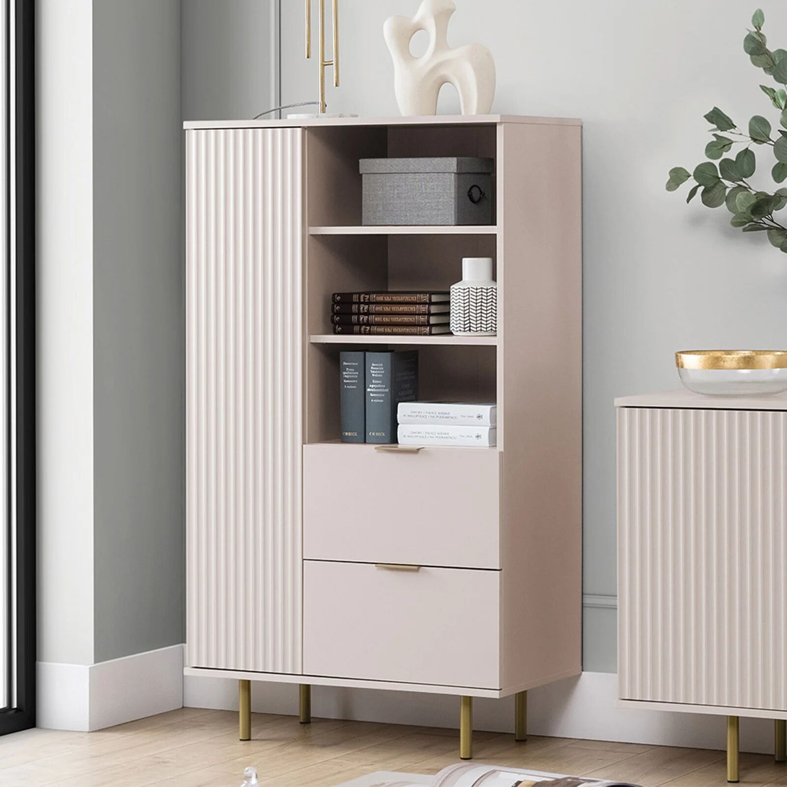 garneroarredamenti Credenza alta 80x140h cm 1 anta 2 cassetti cannettato moderna beige Vanessa