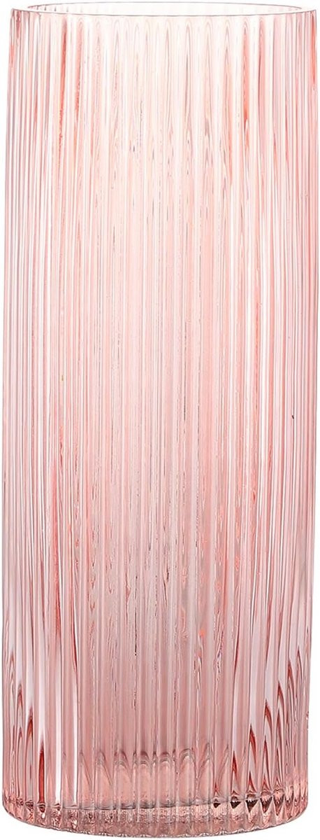 Hoge Glazen Vaas Roze Cilinder - Moderne Geribbelde Bloemenvaas Hoogte: 30 cm