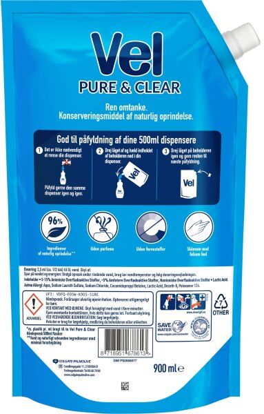 Vel Opvaskemiddel Refill, Pure & Clear, 900 Ml