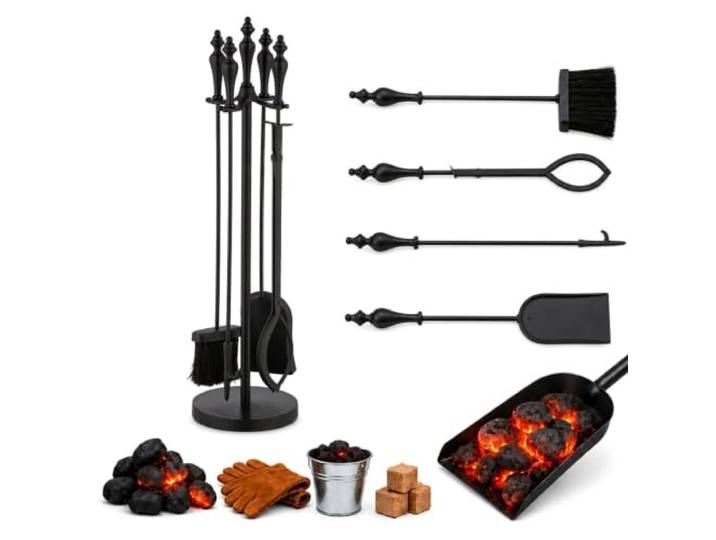 Relaxdays Serviteur pour cheminée\, Lot de 5 pièces\, tisonnier\, Pelle\, Balai à Cendres\, Pince\, Support\, Vintage\, Noir