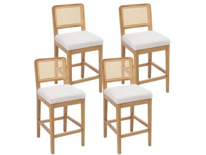 Chairus Tabouret de Bar Lot de 4 Tabouret Bar en Bois Tabouret avec Dossier Rotin Chaise Bar Haute pour Cuisine Chenille Blanc