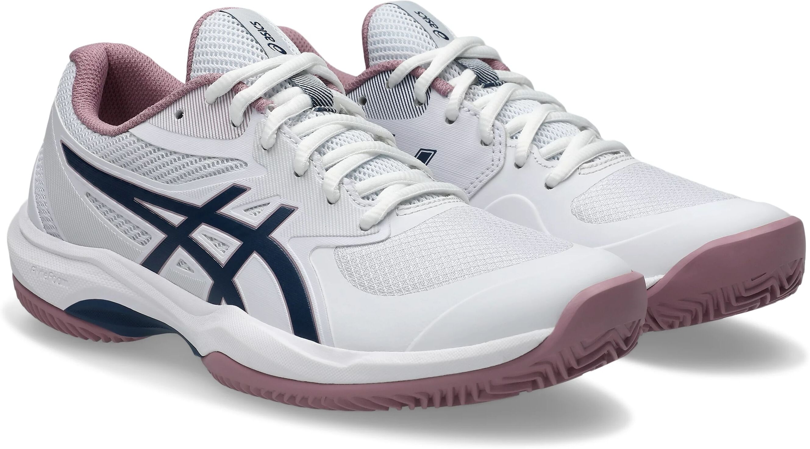 Tennisschuh ASICS "GAME FF CLAY", Damen, Gr. 41,5, weiss (weiß, independence blau), Synthetik, Schuhe Tennisschuh, Sandplatzschuhe für Ascheplätze weiß, independence blau 41,5