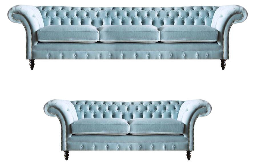 Stijlvolle Hellblau Chesterfield Designer Garnituur met 3-zits en 2-zits banken