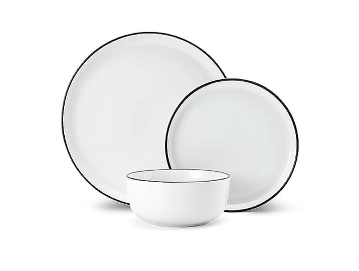 Mikasa Kalksteen 12-delige porseleinen dinerset, wit dinerservies voor 4 met dinerborden, zijborden en kommen Geschenkdoos en vaatwasmachinebestendig